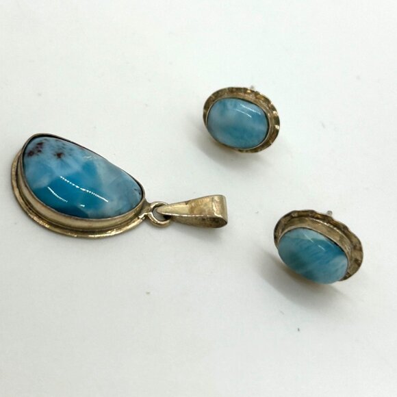 Vintage Sterling Silver Larimar Pendant Earring Set 925 Blue Pectolite Cabochon - Picture 2 of 11